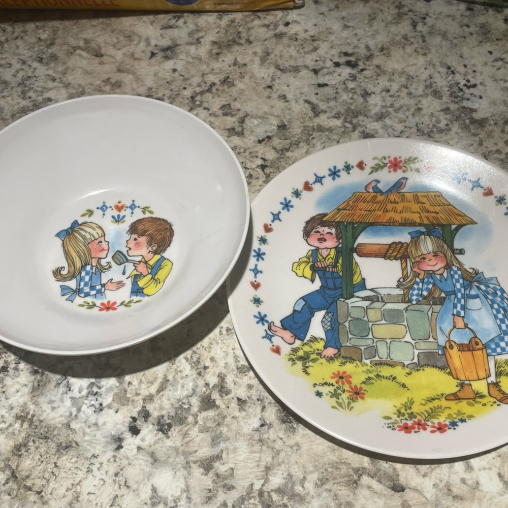 Vintage Children's Dish Set with Jack and Jill Illustrations